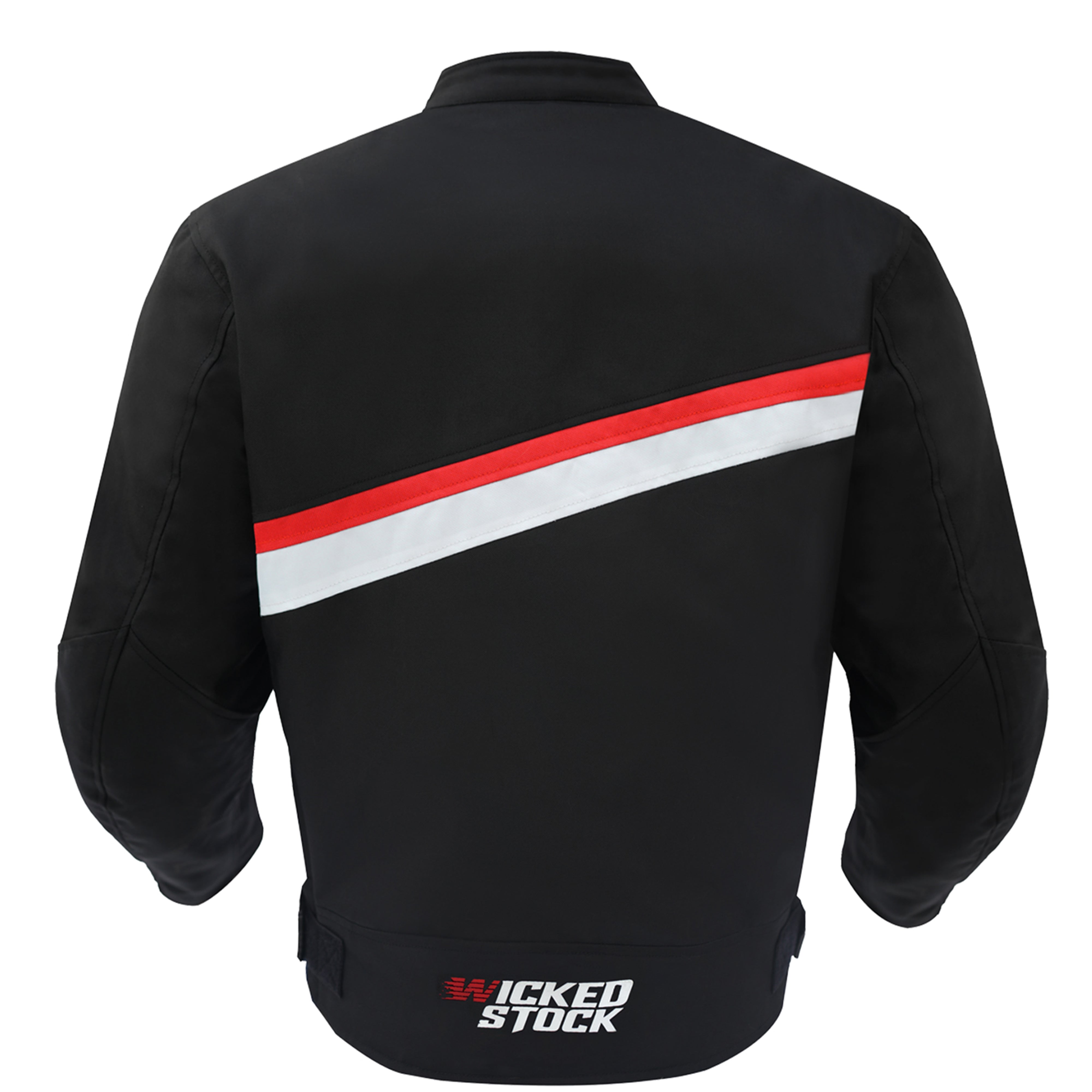 Back view of a black 600D textile motorcycle jacket with CE Level 1 armor and YKK zippers