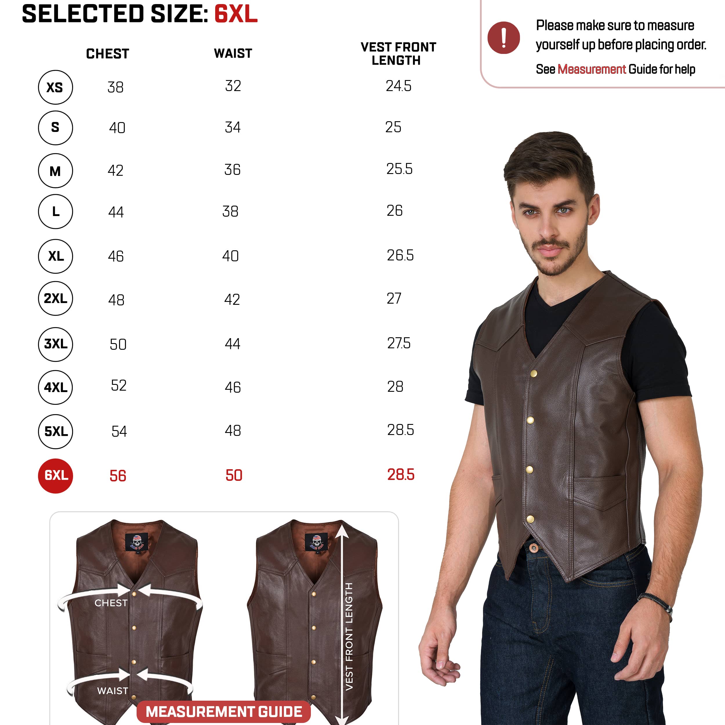 Men’s Motorcycle Brown Full Grain Leather Vest Classic Western Style