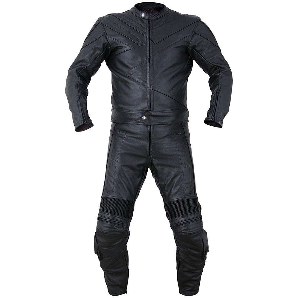 Front view of a black full-grain leather motorcycle race suit featuring YKK zippers and stretch panels