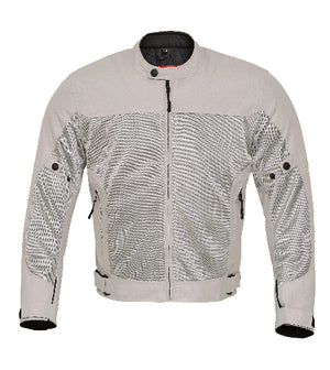 Front view of a silver-gray mesh motorcycle jacket featuring CE armor, mesh panels, and YKK zippers