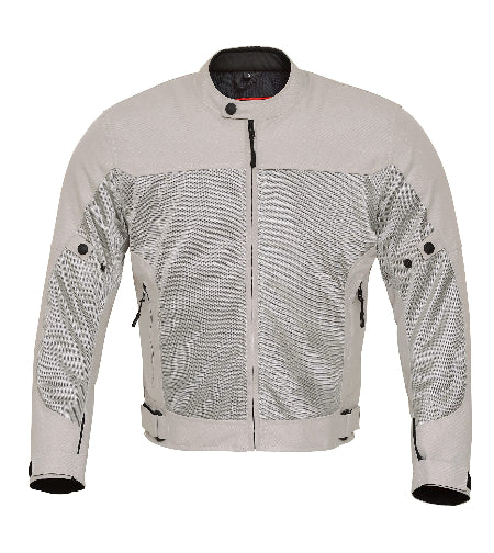 Front view of a silver-gray mesh motorcycle jacket featuring CE armor, mesh panels, and YKK zippers