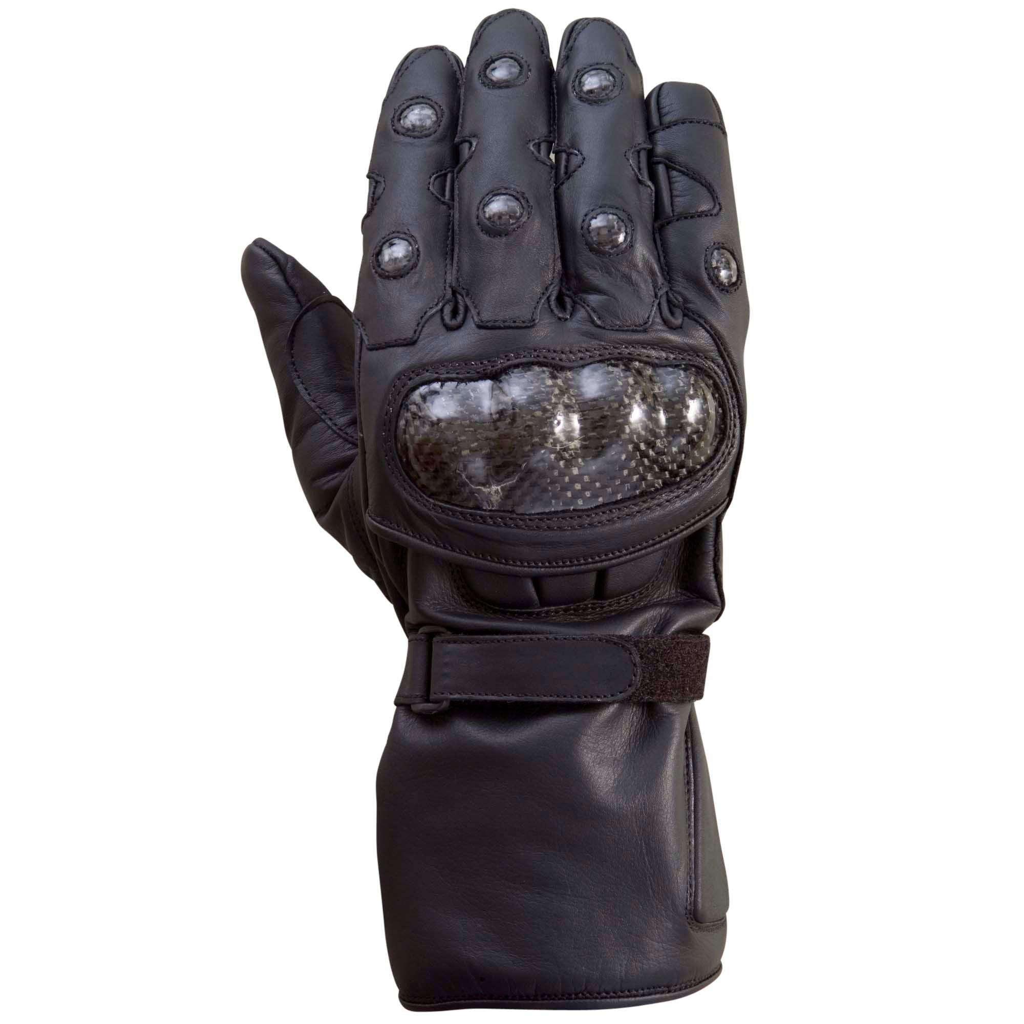 WICKED STOCK Leather Carbon Fiber Knuckle, Black, Aramid Lined Motorcycle Racing Gloves