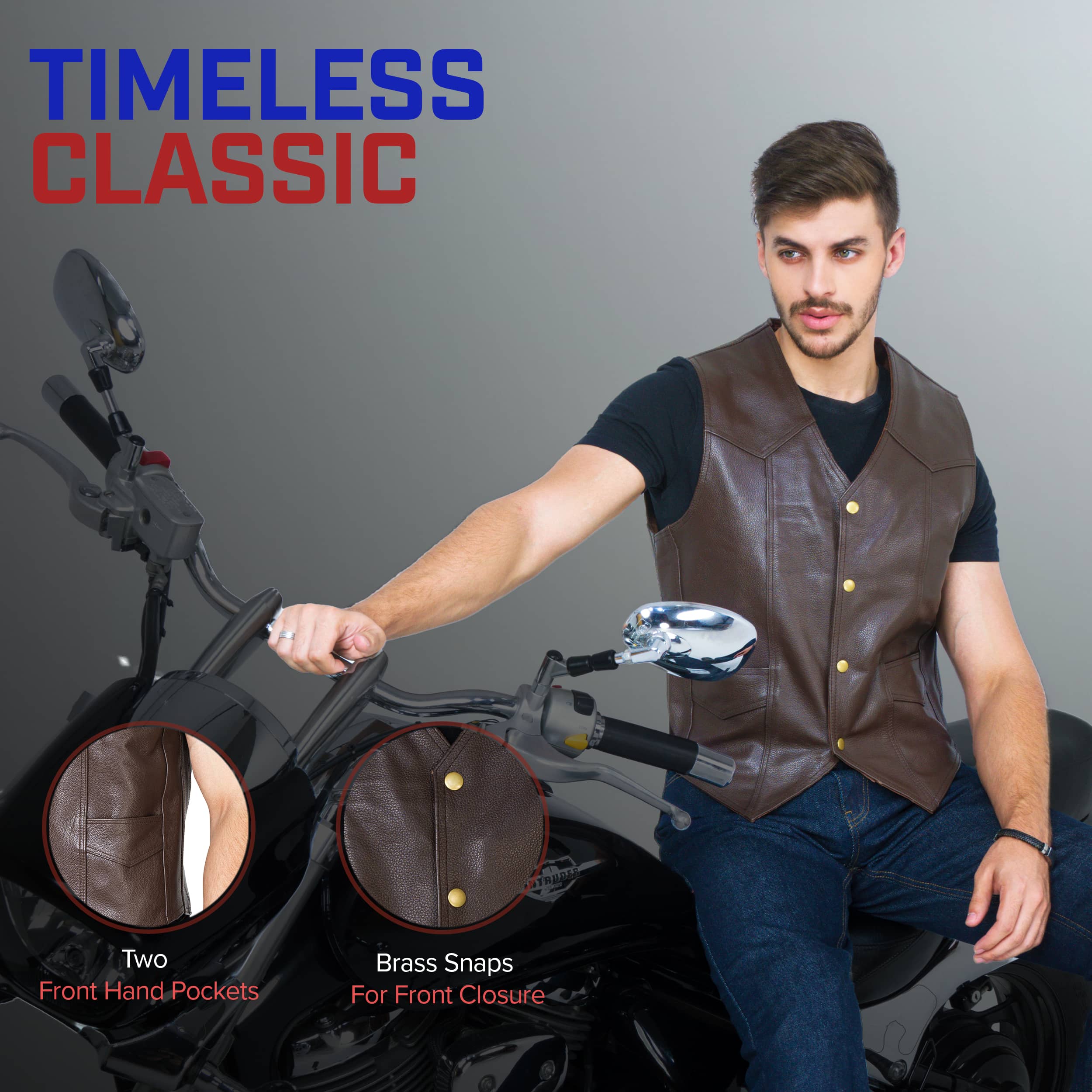 A model wearing a brown full-grain leather motorcycle vest with front snaps