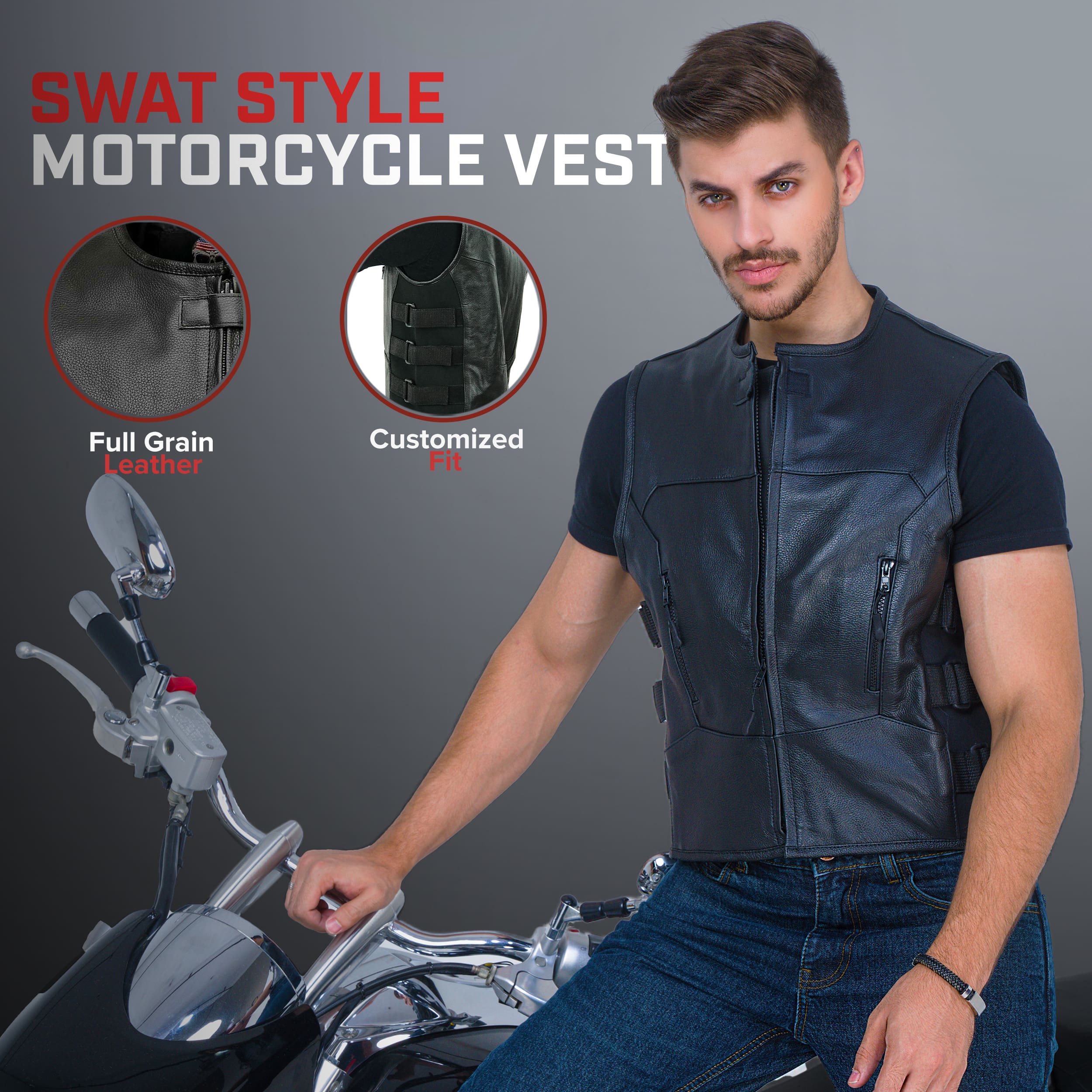 Model wearing a black full-grain leather motorcycle vest featuring a front zipper and pockets