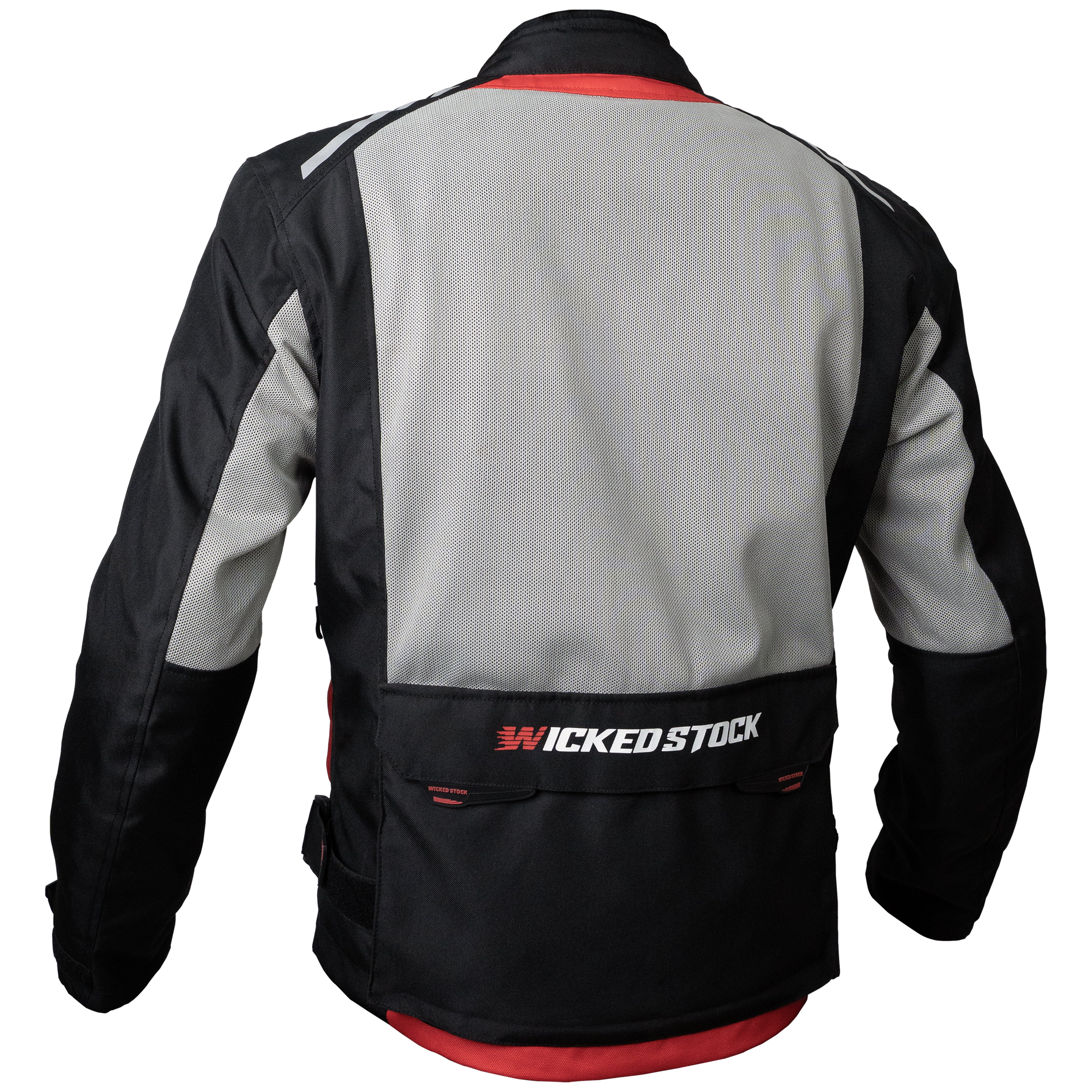 Rear view of a black, grey, and red mesh motorcycle jacket featuring mesh panels and reflective striping
