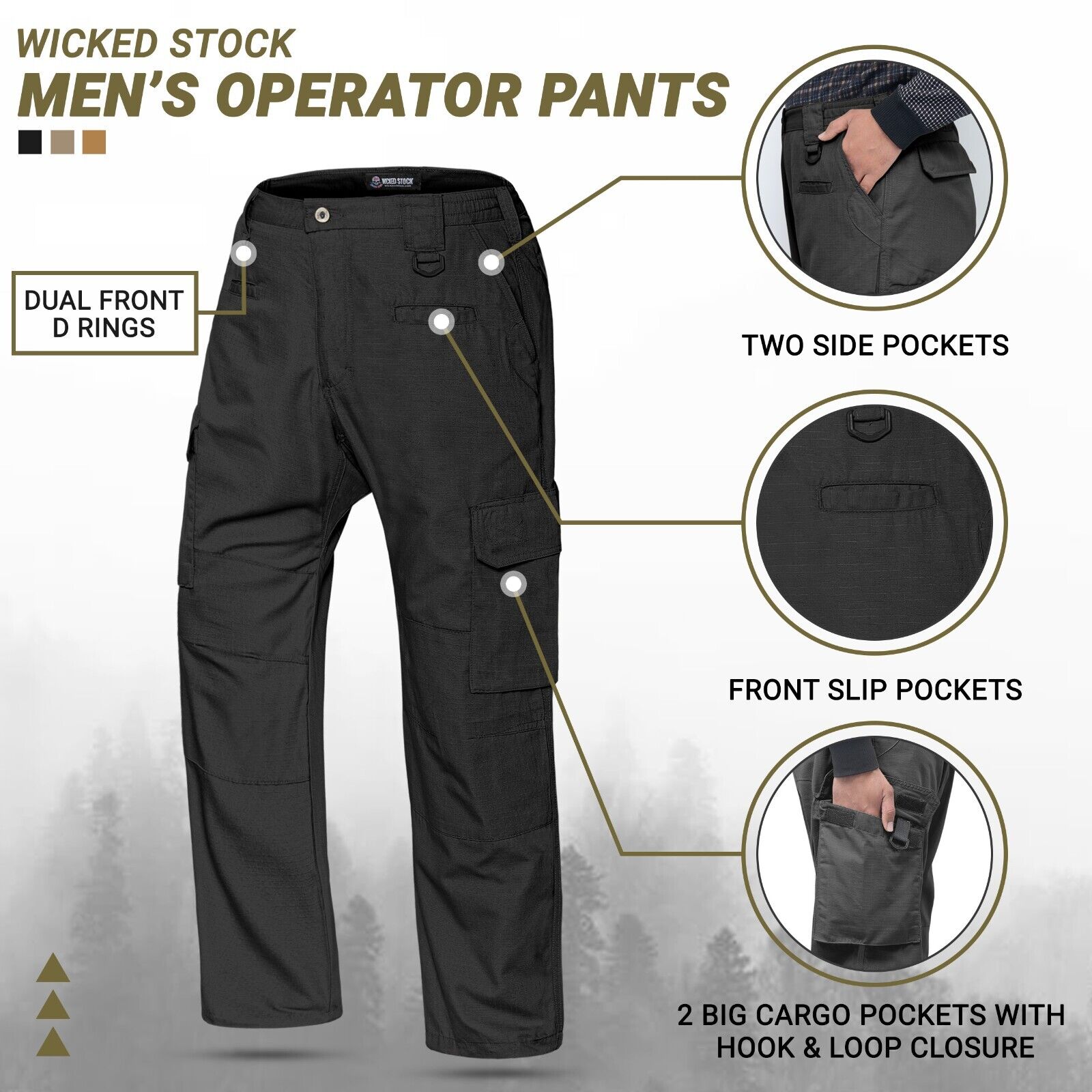 WICKED STOCK Ripstop Men's Operator Cargo Tactical Pants, Elastic Waist, Water Resistant, Durable, Work Pants Men