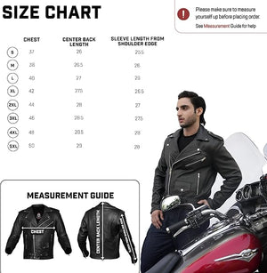 Wicked Stock men's leather motorcycle jacket size chart with chest, center back length and sleeve measurements for sizes S to 5XL
