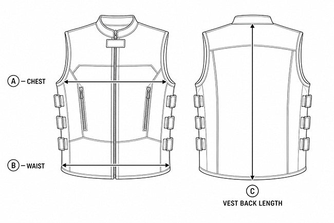 Black and white line drawing showing front and back measurements of a motorcycle vest, with arrows labeled A for chest, B for waist, and C for vest back length.