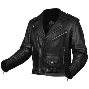 Men's black leather motorcycle biker jacket, front three-quarter side angle showing asymmetrical zip closure, notch lapels, zippered chest pocket, and buckle belt