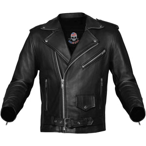 Men's black leather motorcycle biker jacket, front view with asymmetrical zipper, snap-down lapels, belted waist, and multiple zippered pockets