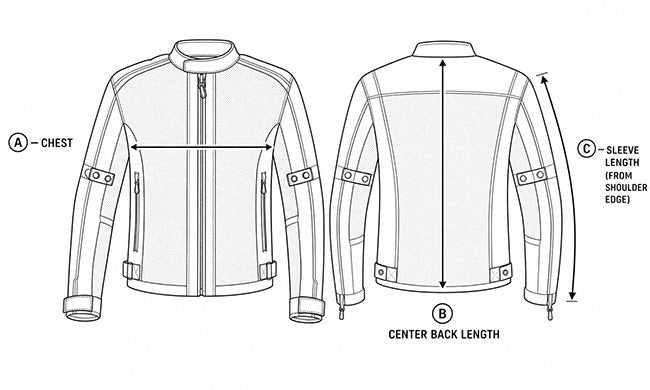 Black and white line art diagram showing the front and back of a motorcycle riding jacket with measurement arrows and labels for chest, center back length, and sleeve length.