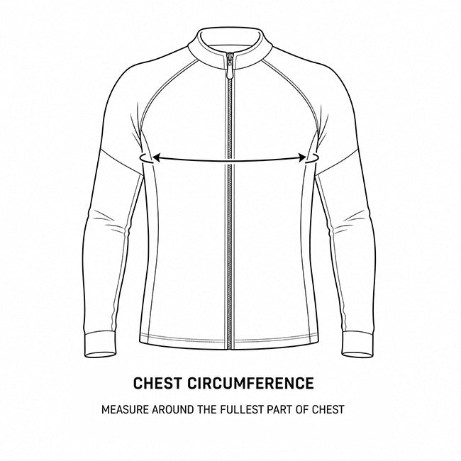 Black and white line art diagram of armored mesh motorcycle riding shirt showing chest measurement with arrows indicating chest circumference.