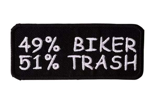Front close-up of a black embroidered biker patch with white stitching and text