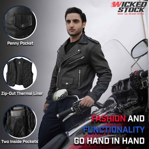 Wicked Stock men's black leather motorcycle jacket with penny pocket, zip-out thermal liner and two inside pockets