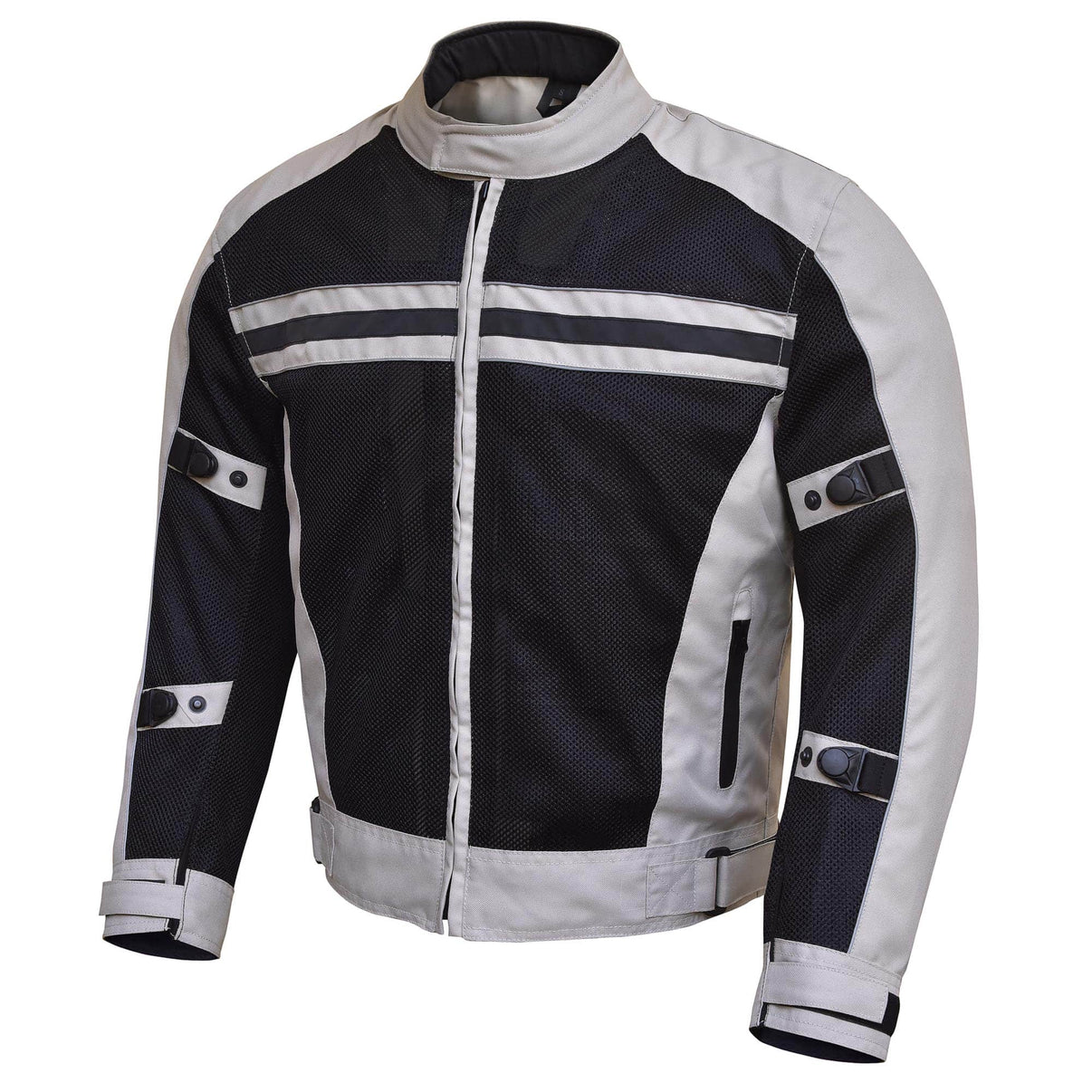 Front view of a black and grey mesh motorcycle jacket with CE Level 1 armor, 600D shell, mesh panels, and reflective striping