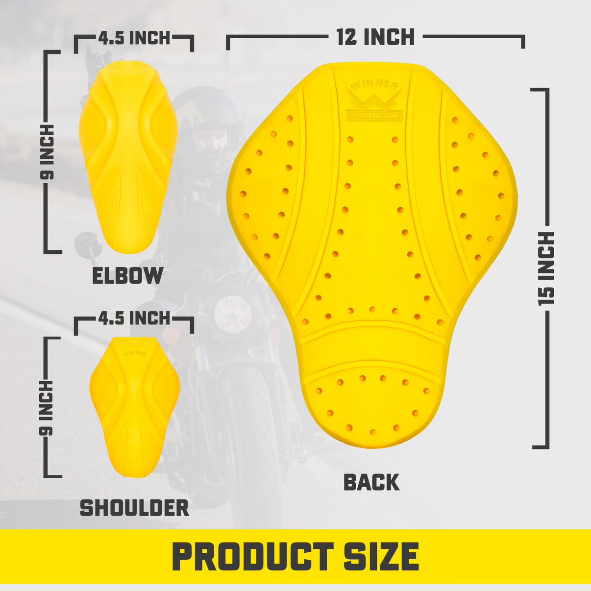 Yellow CE Level 2 armor pieces for a motorcycle jacket shown with dimension lines