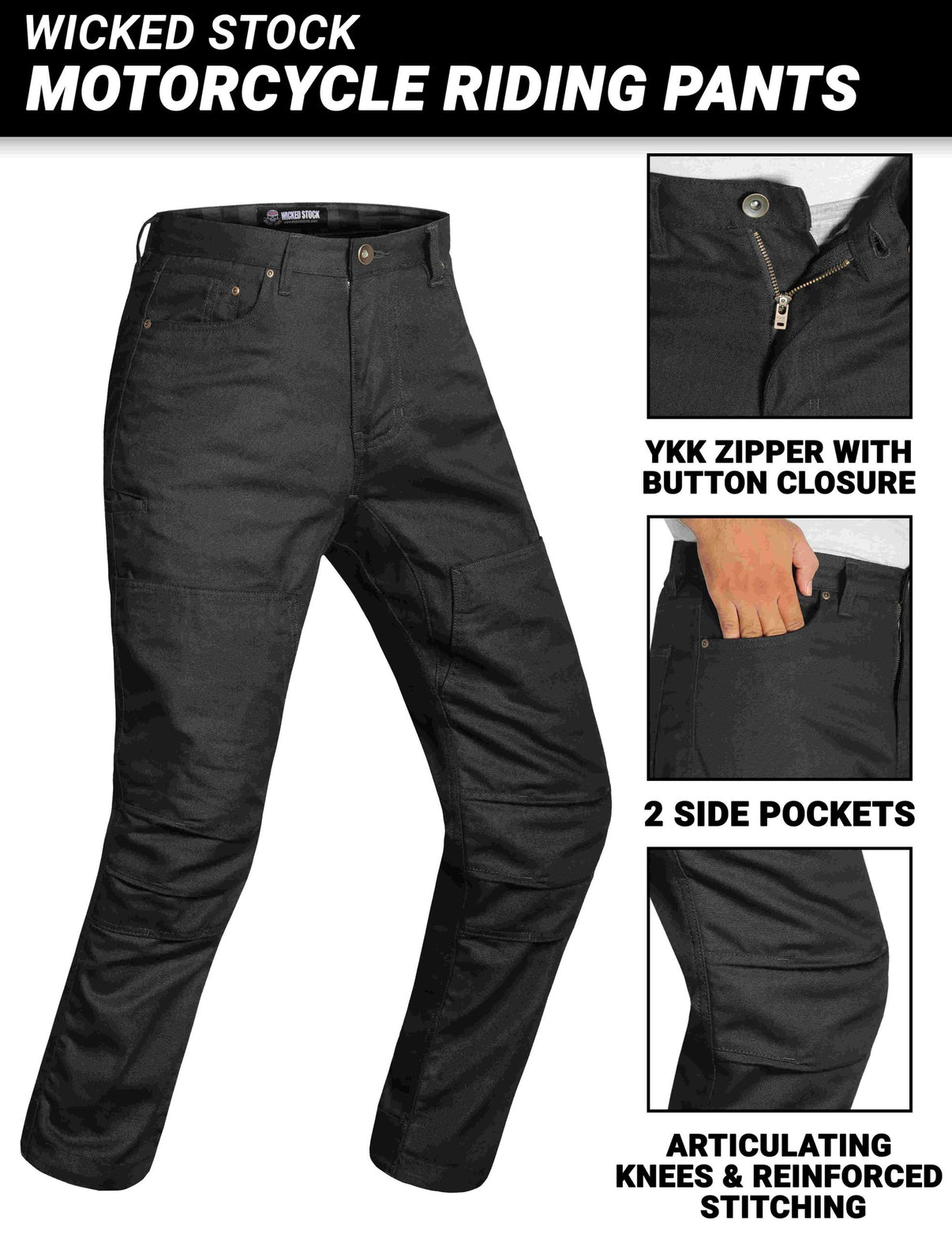 Black motorcycle jeans shown in front view with CE Level 2 armor, YKK zippers, and double stitching