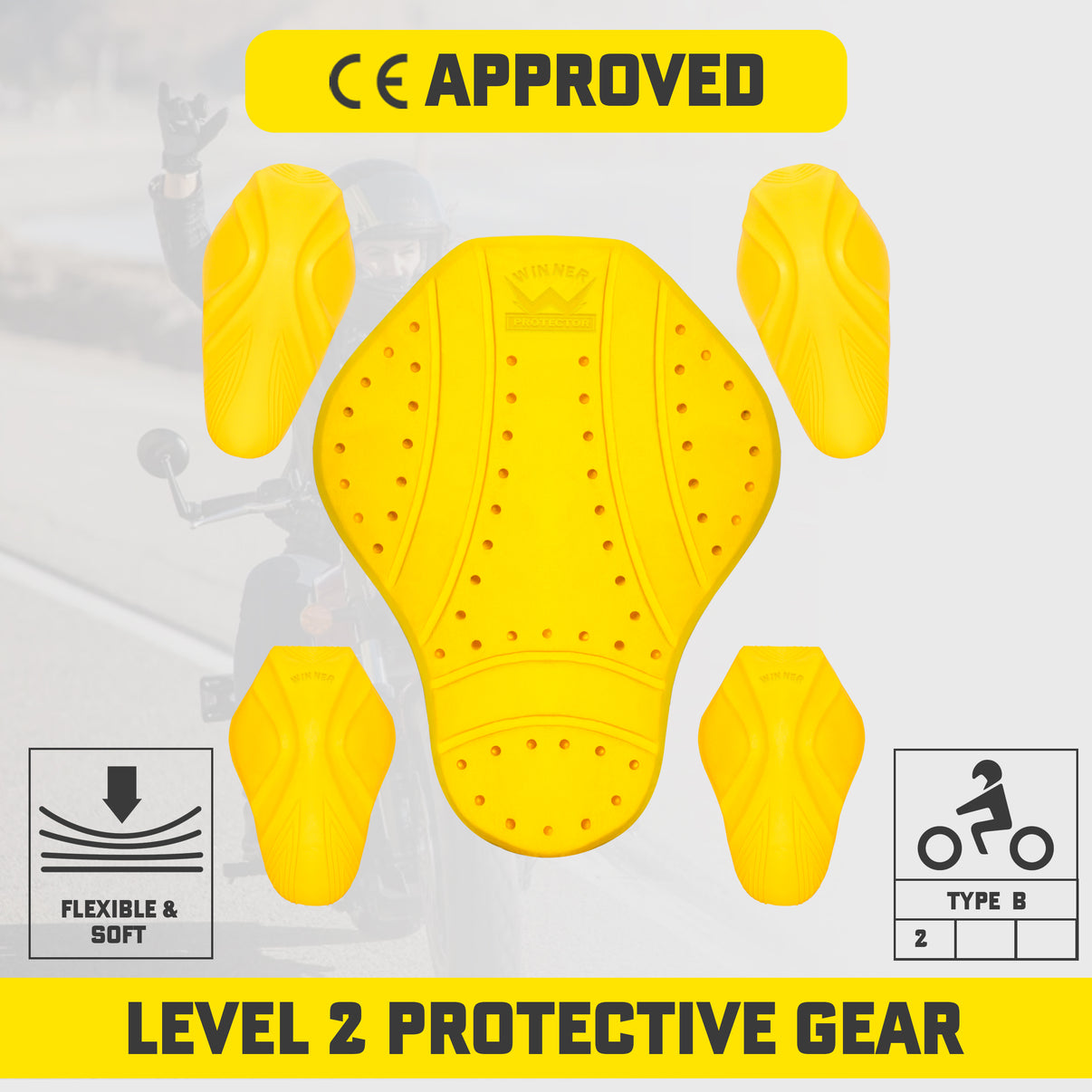 Five yellow CE Level 2 armor pieces for a motorcycle jacket are shown in a close-up view