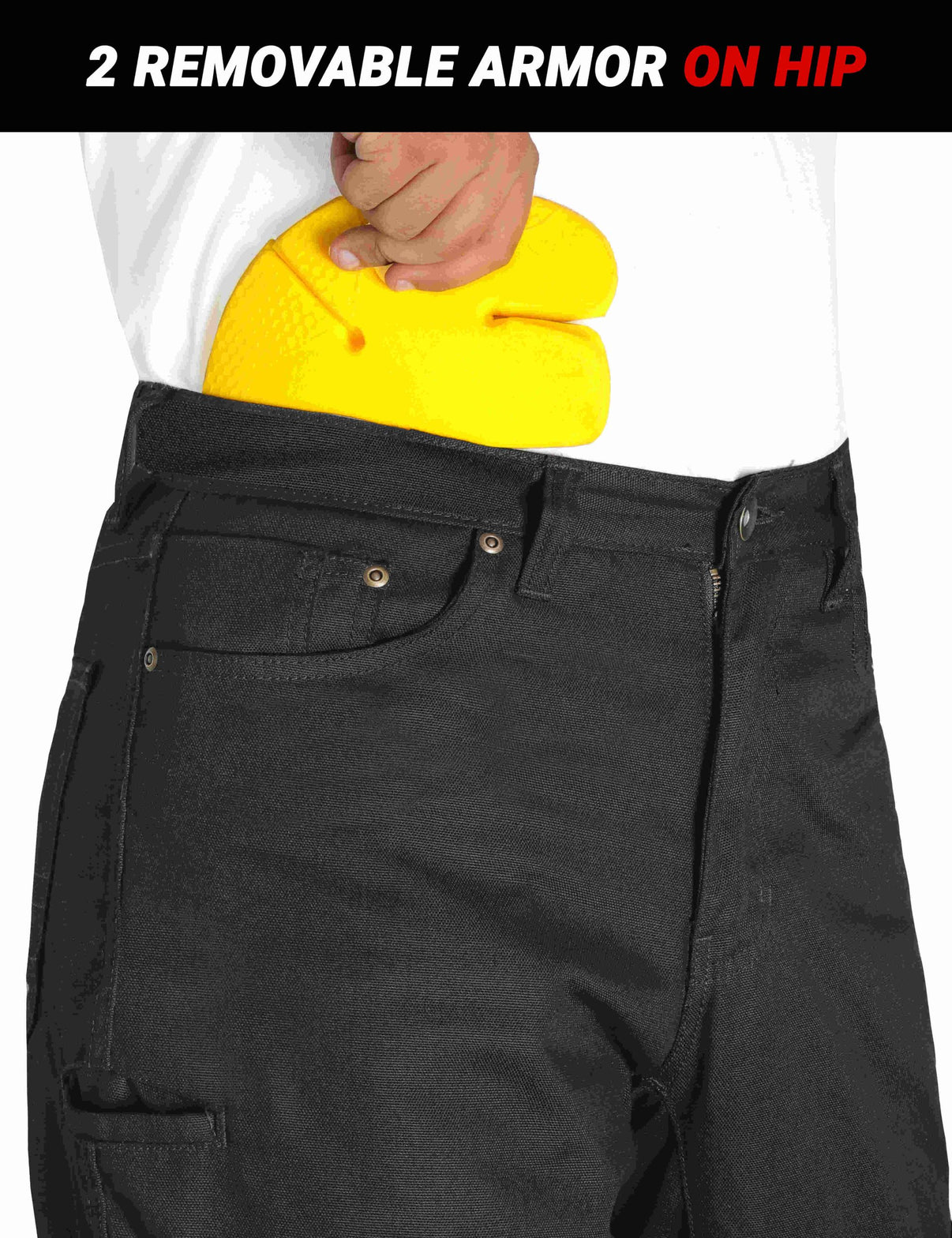 A close-up view of black motorcycle jeans worn by a model showing CE Level 2 hip armor