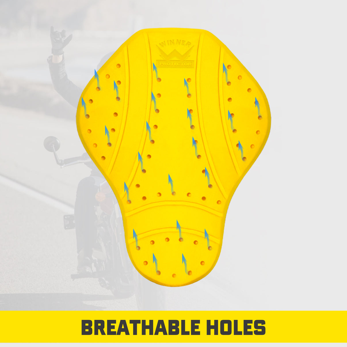 Yellow CE Level 2 armor piece for a motorcycle jacket features ventilation holes and stitching