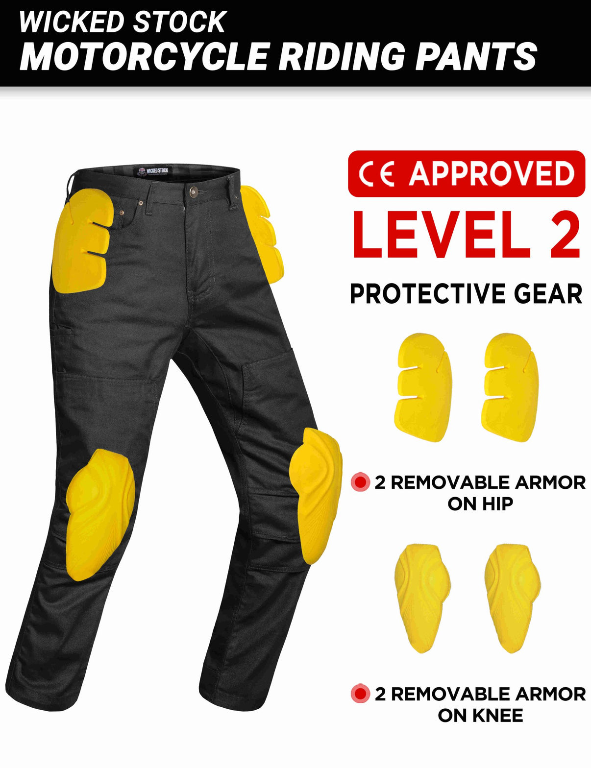 Front view of black motorcycle jeans with CE Level 2 knee and hip armor