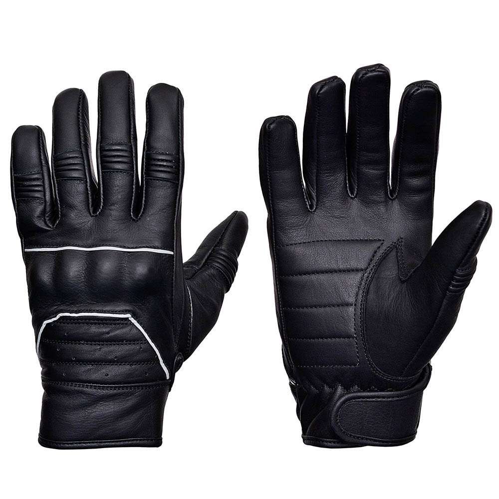 Black leather motorcycle gloves feature stretch panels, reflective striping, and double stitching