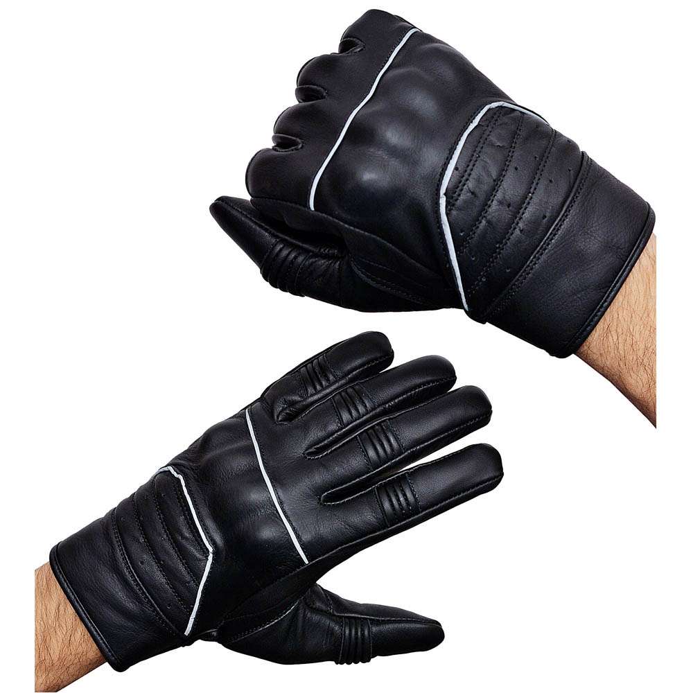 Black leather motorcycle gloves feature stretch panels, reflective striping, and double stitching