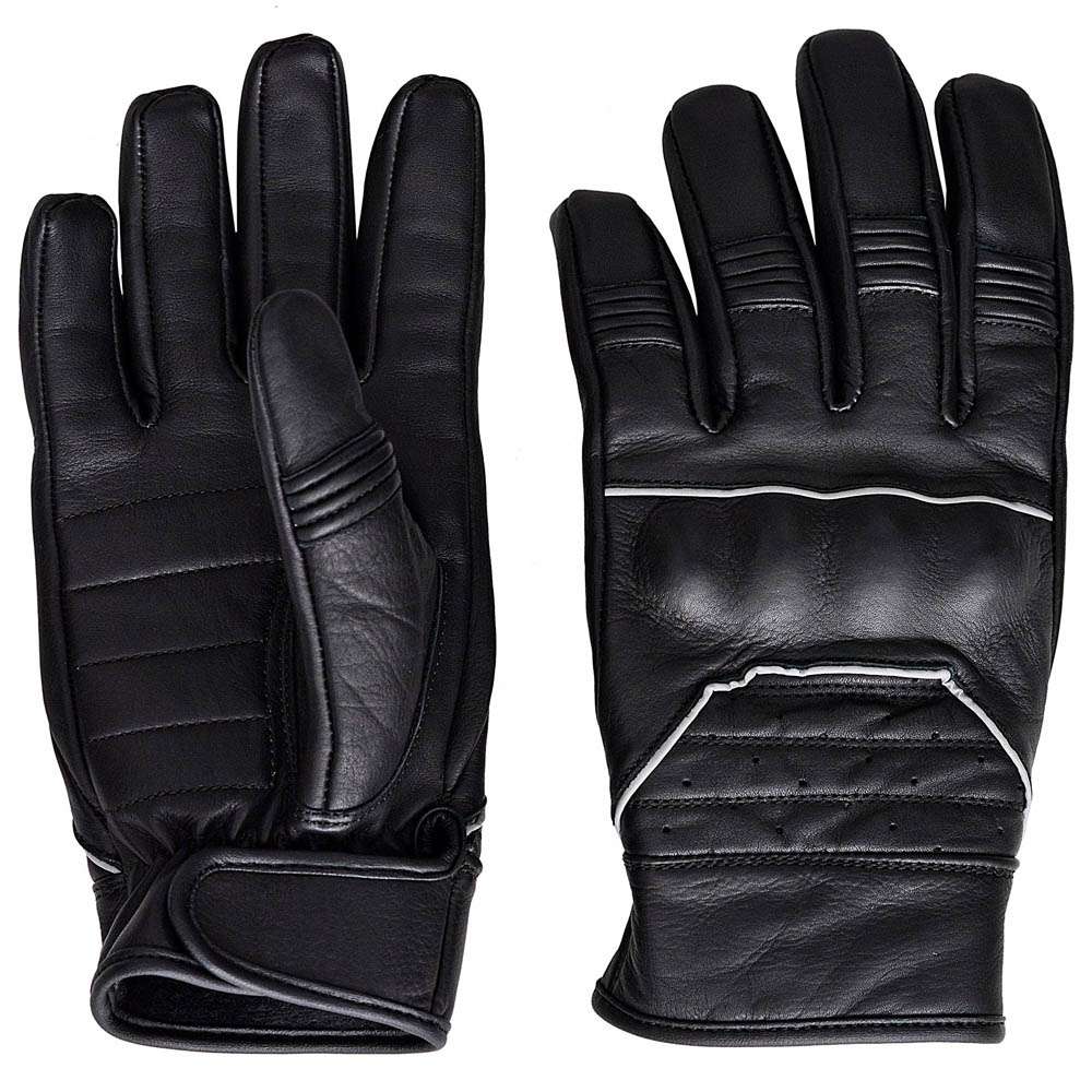 Front and back view of black full grain cowhide leather motorcycle gloves with stretch panels