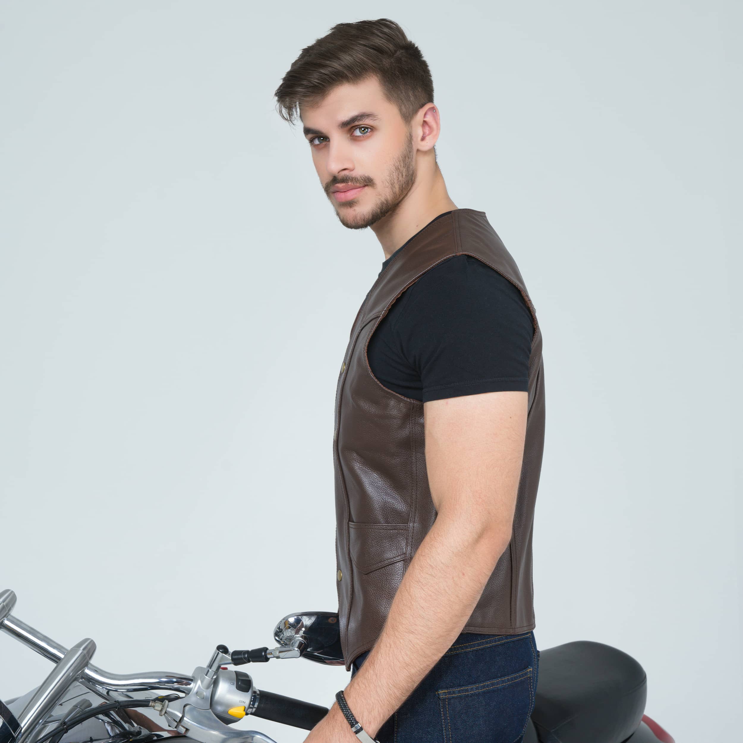 Mannen Motorfiets Lederen Vest Effen Kleur Grote Zak Mannen Motorfiets Lederen Vest Effen Kleur Grote Zak
