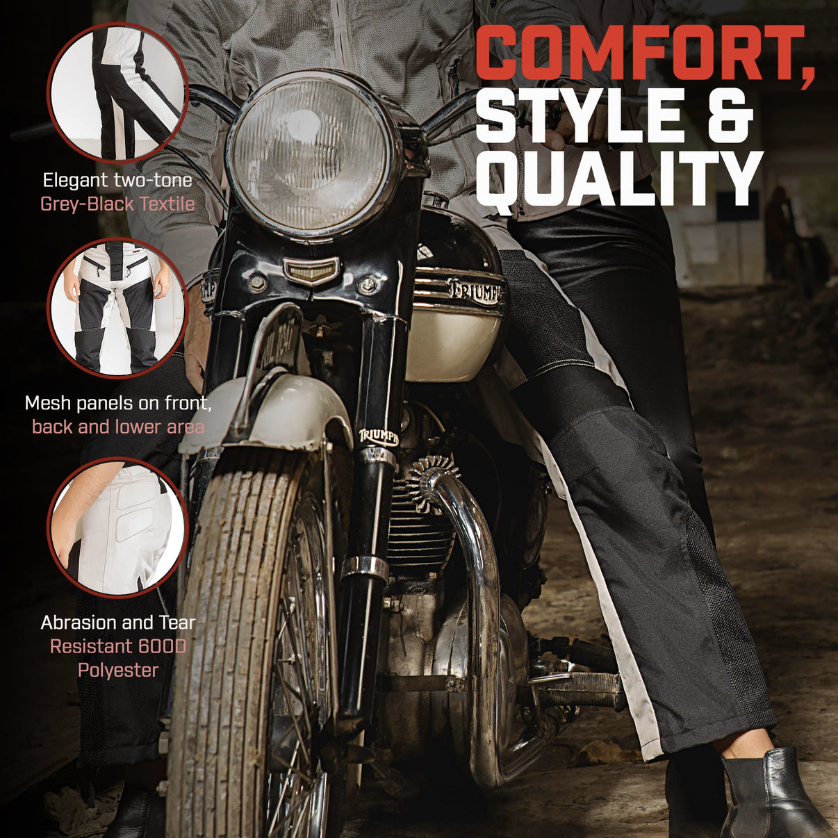 Grey and black mesh motorcycle riding pants worn by a model sitting on a motorcycle