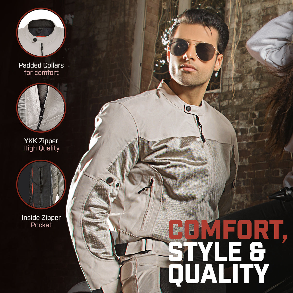 A model wears a silver mesh motorcycle jacket featuring mesh panels, CE armor, and YKK zippers
