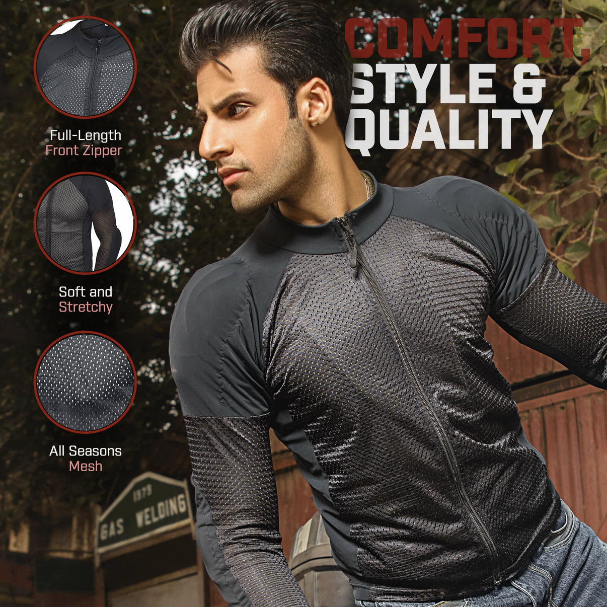 A model wears a black mesh motorcycle riding shirt featuring mesh panels and a full-length front zip
