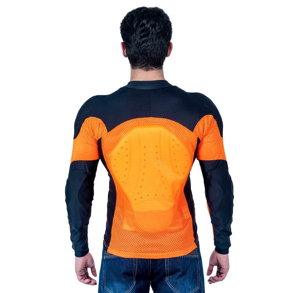 Model wearing a black and orange mesh motorcycle riding shirt with CE Level 2 back protector