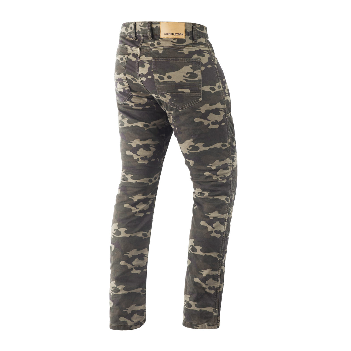 Three-quarter back view of camo aramid lined motorcycle riding pants with double stitching and pockets