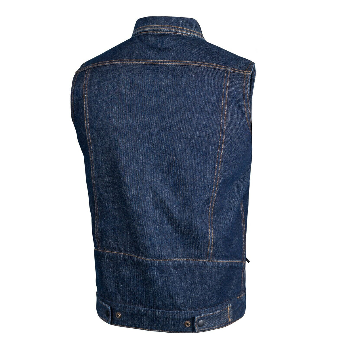 Back view of a true-blue denim motorcycle vest with visible stitching and a back panel