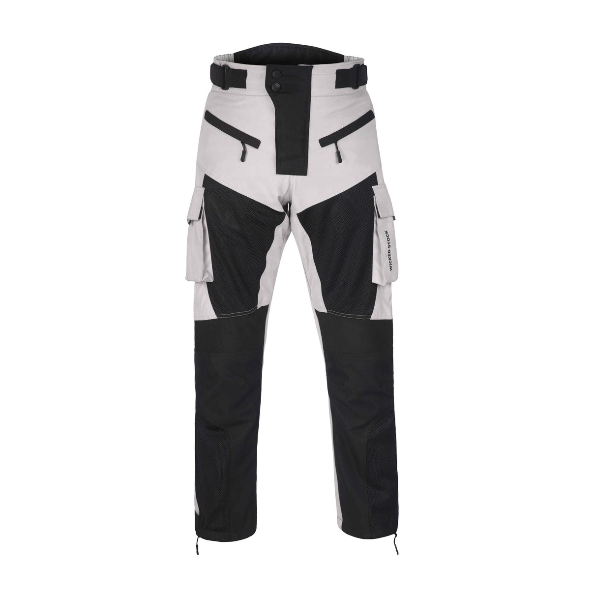 Front view of grey and black mesh motorcycle riding pants with zippered pockets and adjustable waist