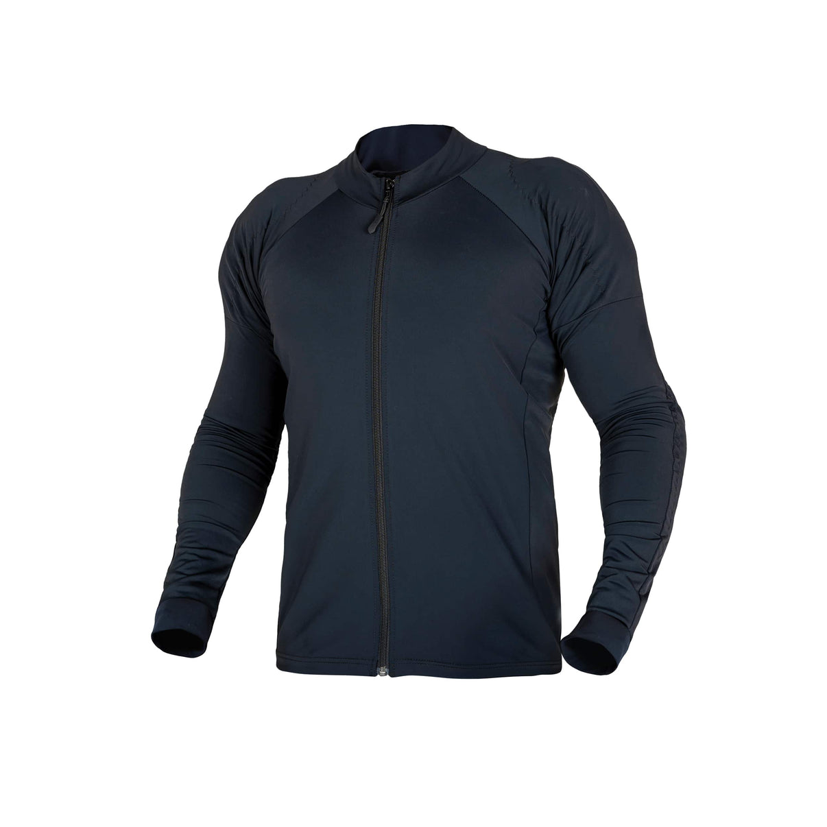 Front view of the black CE armor motorcycle riding shirt featuring a front zip and panels