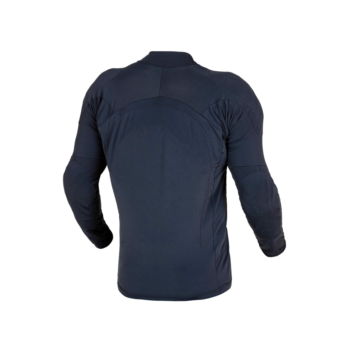 Back view of a black CE armor motorcycle riding shirt showing panels and stitching
