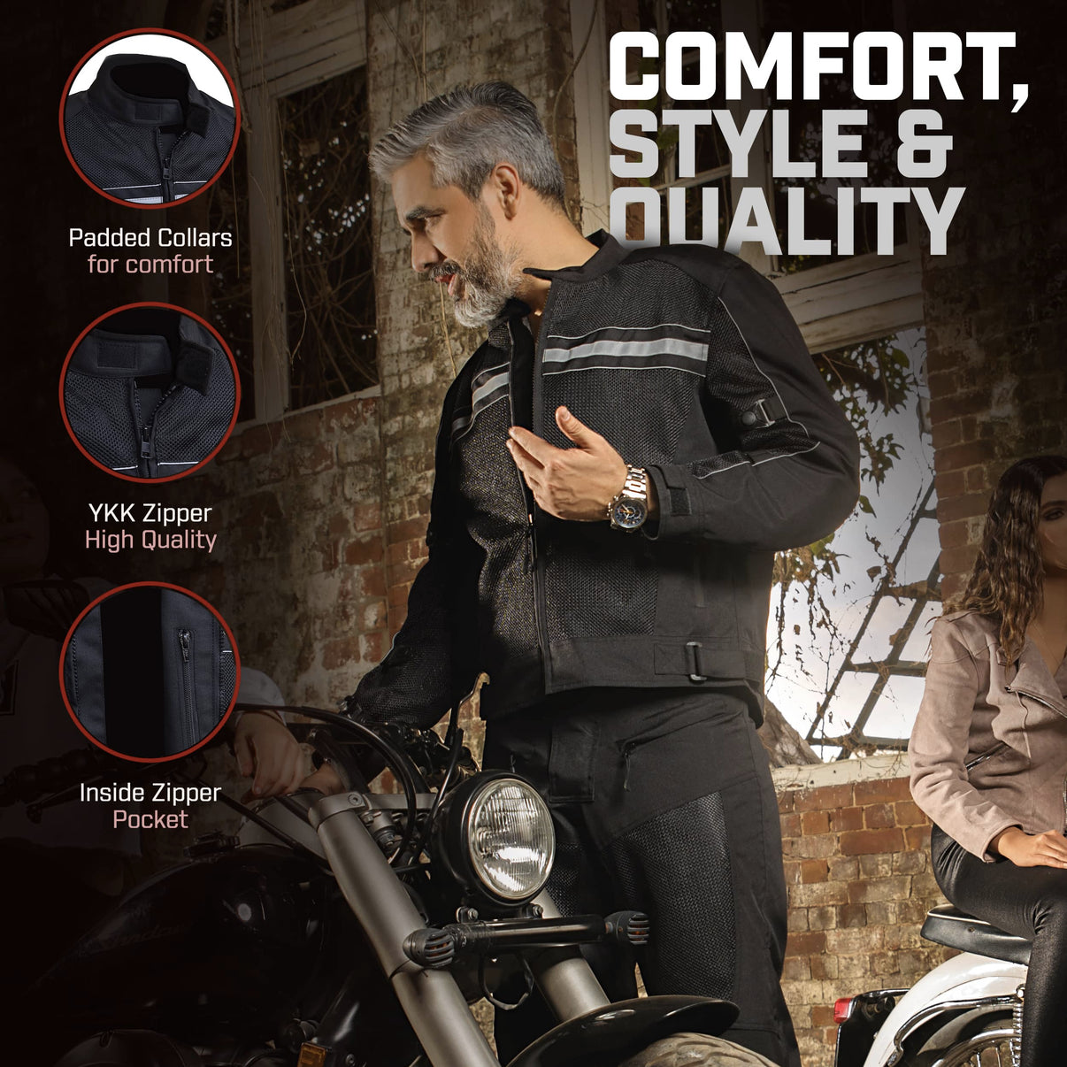 A model wears a black mesh motorcycle jacket featuring CE Level 1 armor and reflective striping