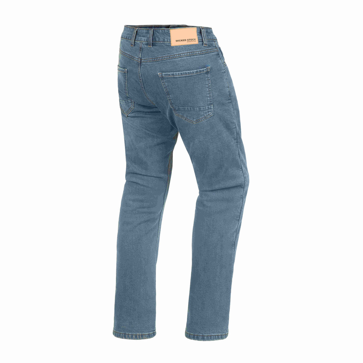 Rear three-quarter view of blue aramid-lined denim motorcycle jeans featuring double stitching