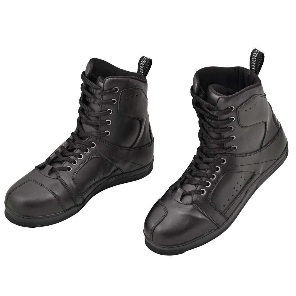 Three-quarter view of black leather motorcycle boots featuring laces and side panels
