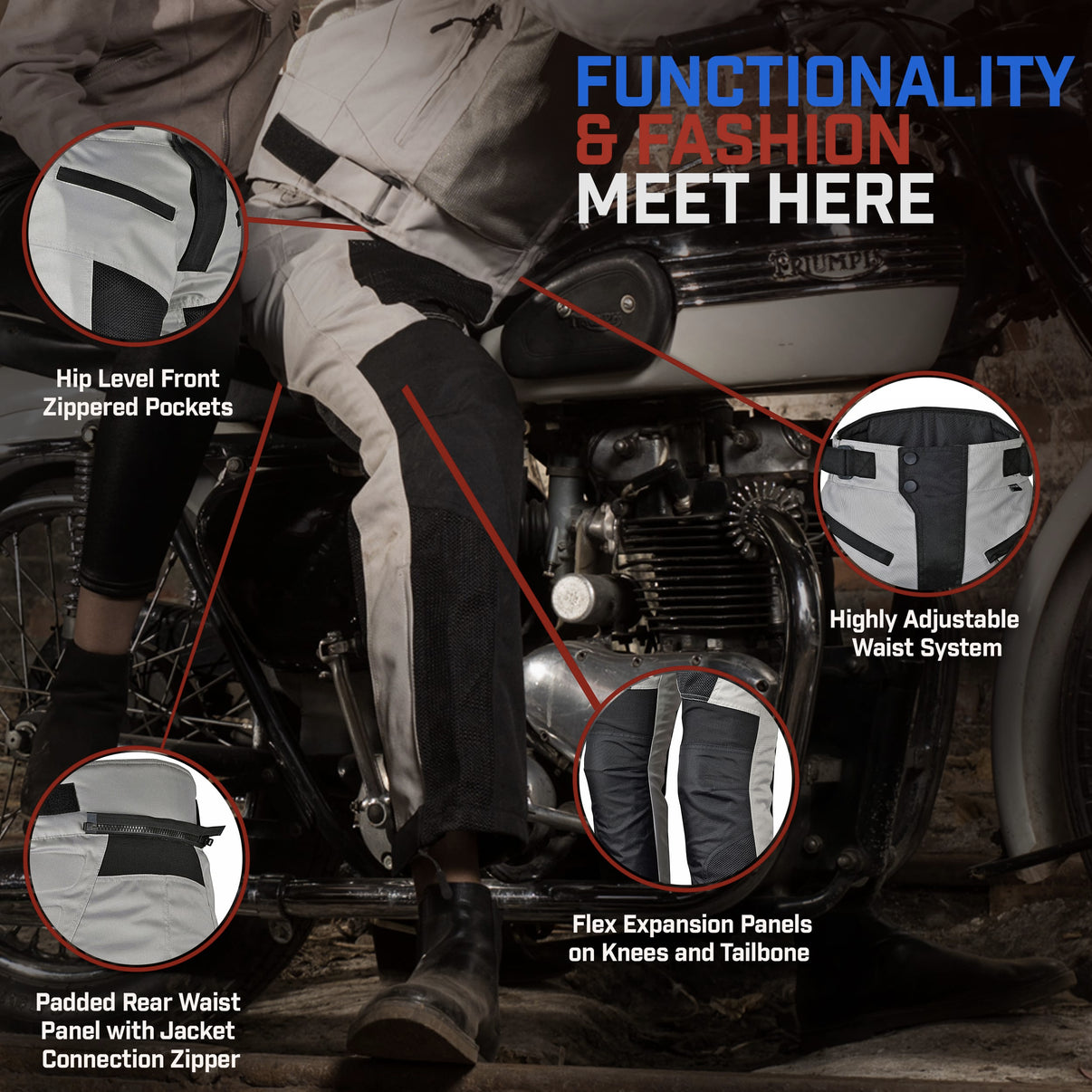 Grey and black mesh motorcycle riding pants worn by a model show zippers and mesh panels