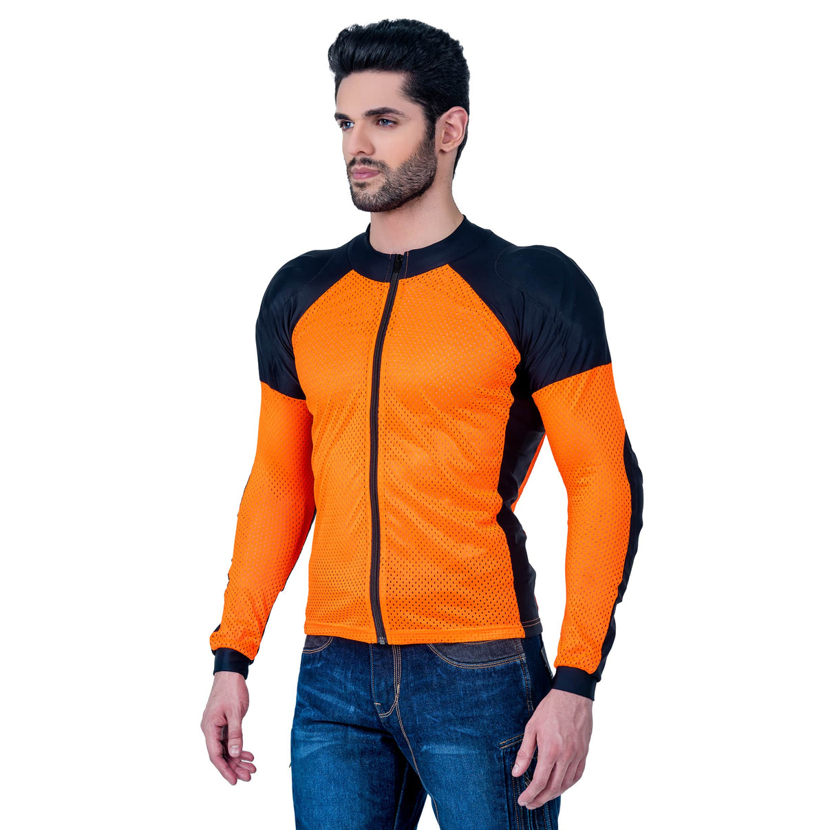 A model wears an orange and black mesh motorcycle riding shirt with a full-length front zip