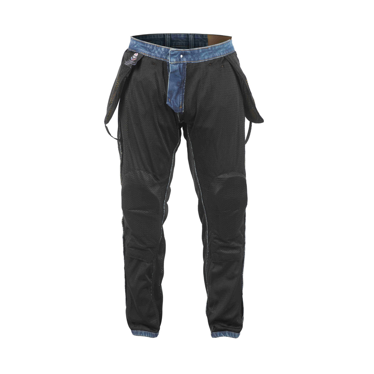 Front view of blue denim motorcycle jeans with aramid lined pockets and double stitching