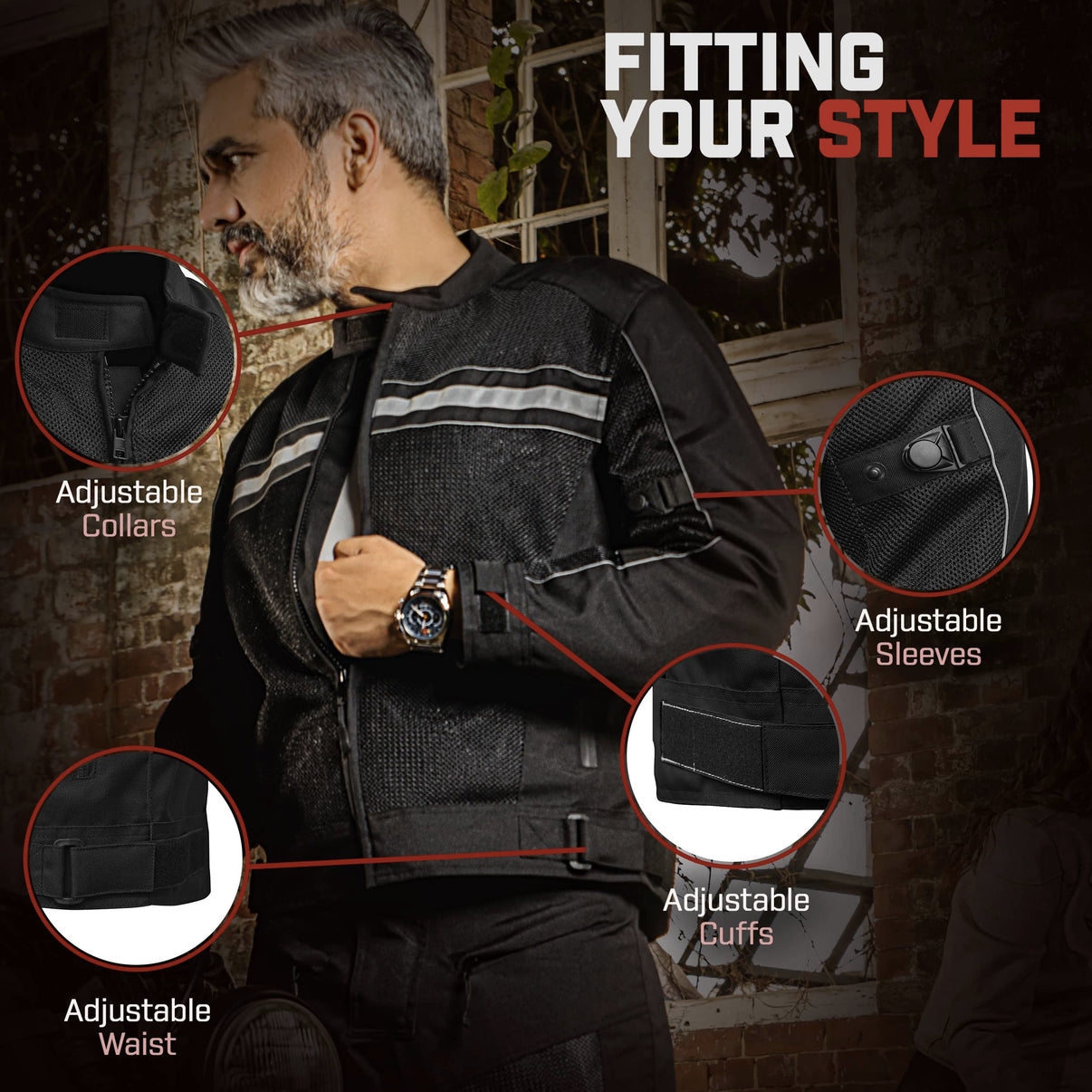 A model wears a black mesh motorcycle jacket featuring CE Level 1 armor and 600D textile shell