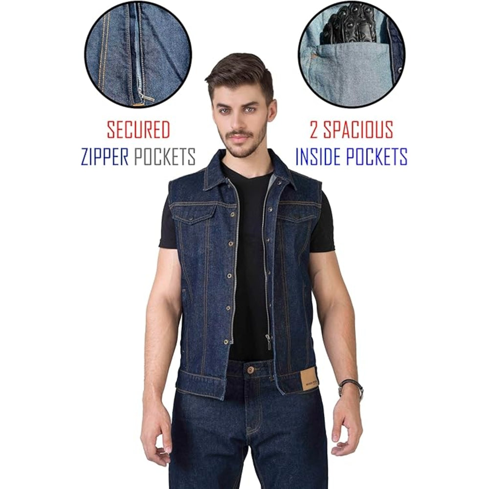 A true-blue denim motorcycle vest is worn by a model in a front view featuring pockets