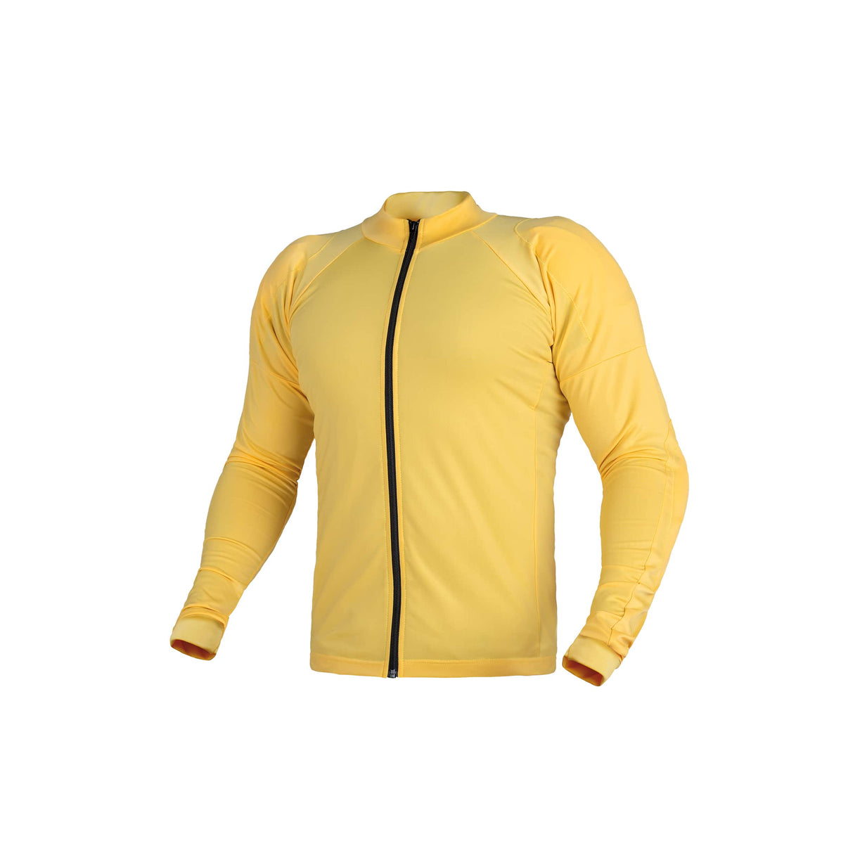 Front view of a yellow motorcycle riding shirt featuring CE armor and a front zip