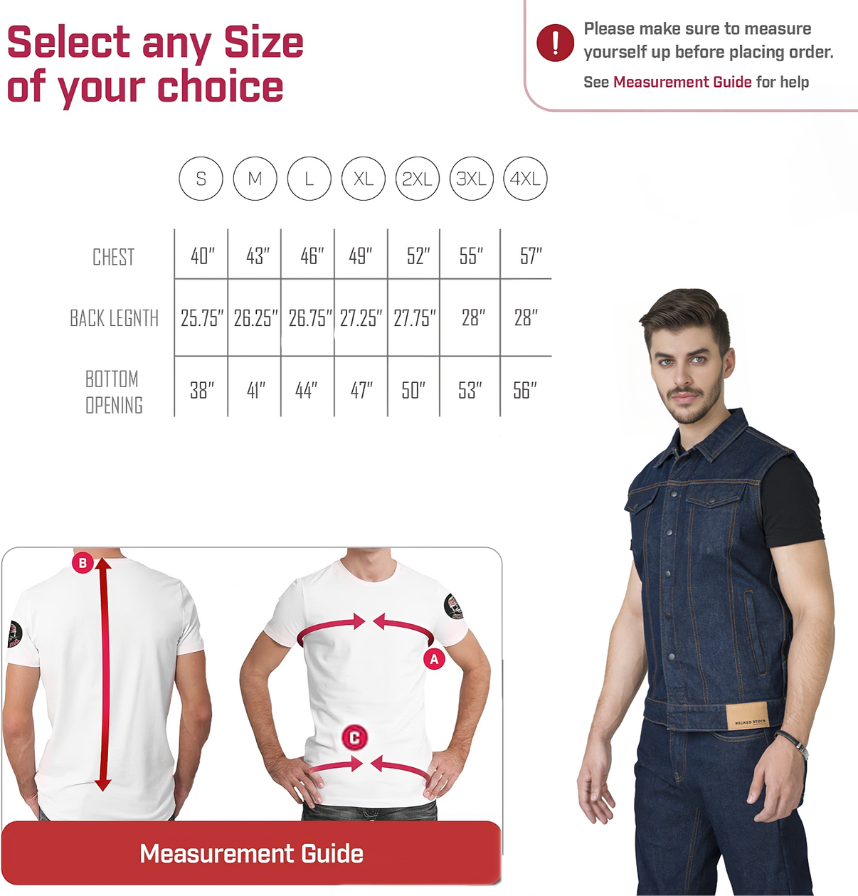 A model wears a true-blue denim motorcycle vest featuring front pockets and snap closures