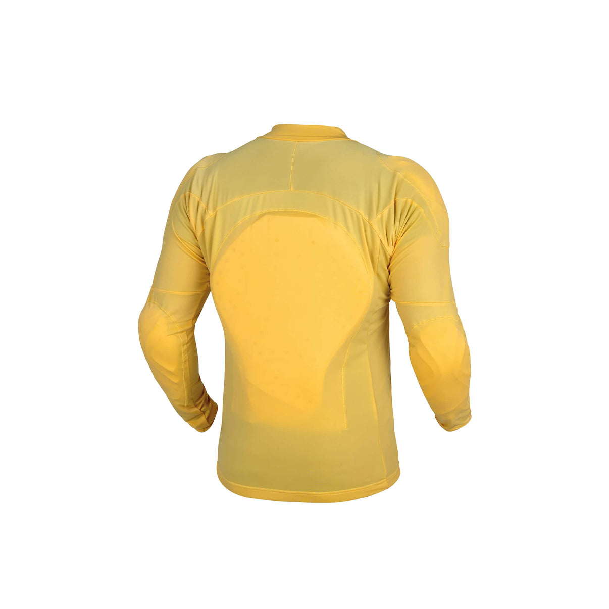 Back view of a yellow motorcycle riding shirt featuring CE armor panels
