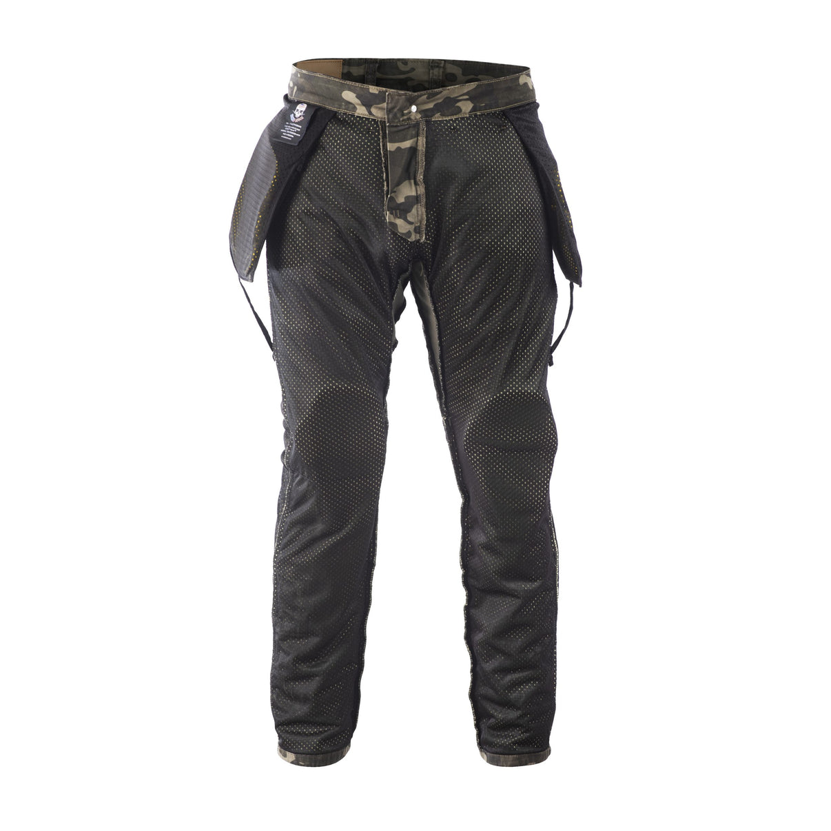 Front view of camo motorcycle riding pants with aramid lining and CE Level 2 armor